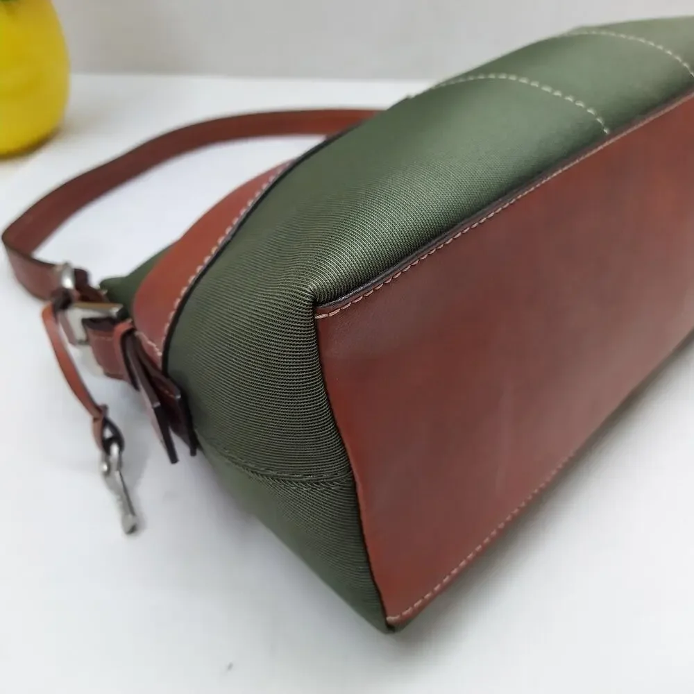 Fossil Oliver Green Nylon Leather Trim Zipper Closure Hobo Shoulder Bag